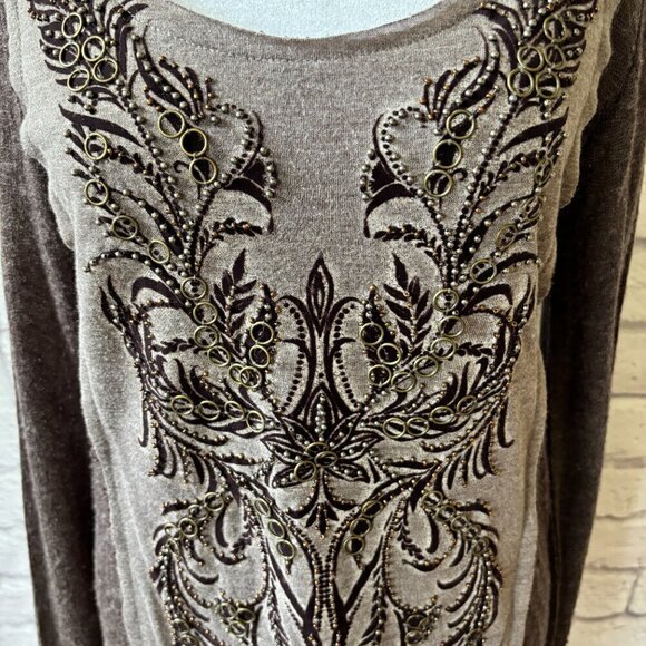 Miss Me Metallic Embellished Long Sleeve Tunic | Brown Tan Wool Blend | Size S - Picture 5 of 9